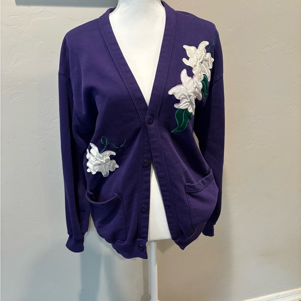 Vintage Purple Cardigan Sweater with Floral Design